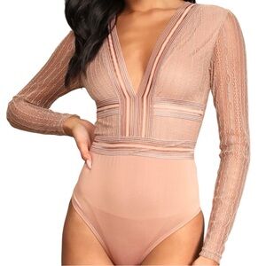 Lulus Women’s Casita Beige Sheer Lace Long Sleeve Bodysuit  Sz‎ L